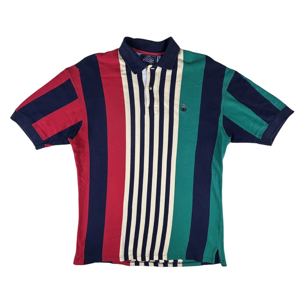 Vintage Rough Weathium Polo Shirt Mens Medium Multicolor Striped Crest 90s Rugby